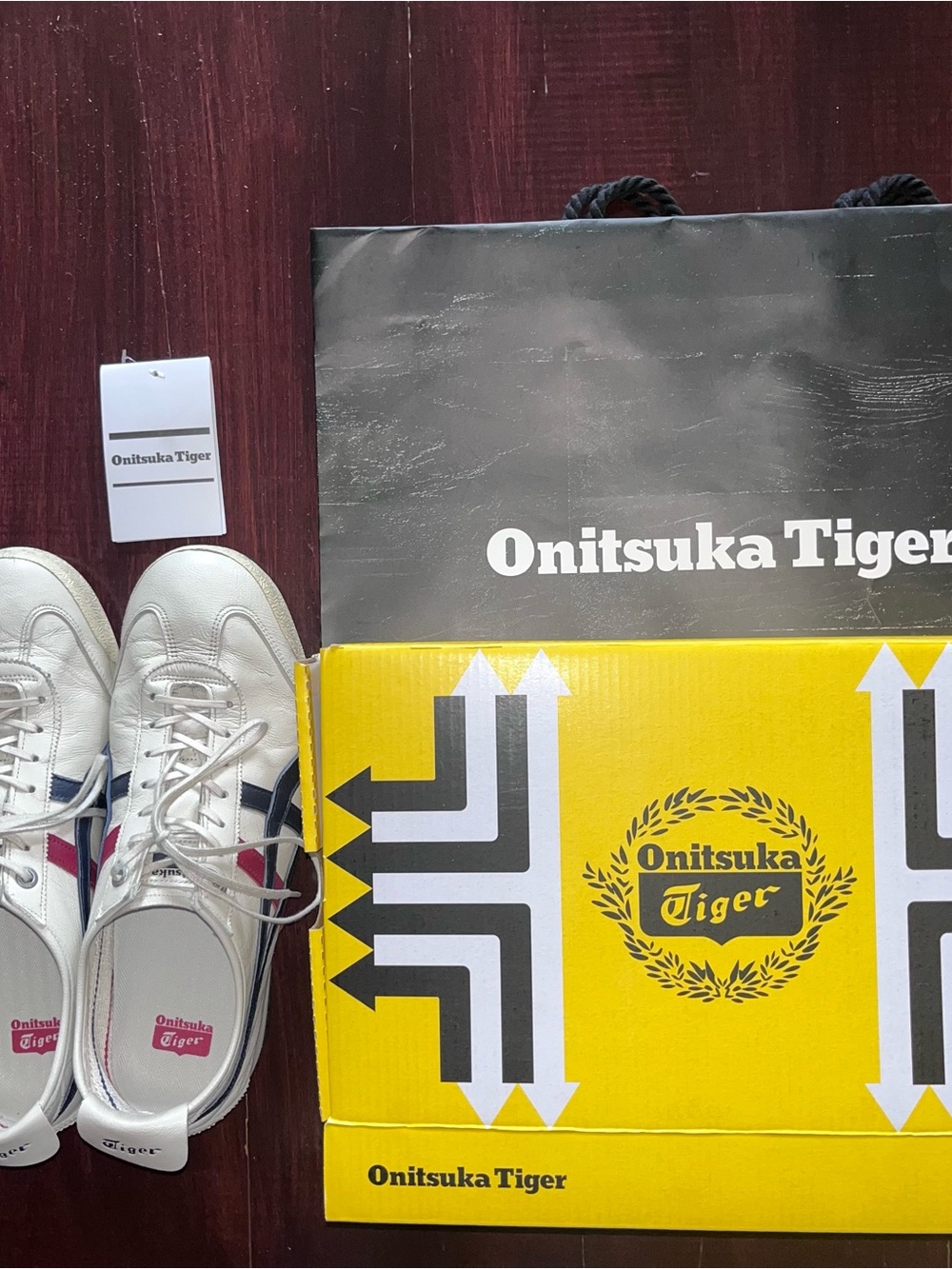 Onitsuka Tiger by Asics Unisex White Sneakers with Navy & Red Stripes Mexico 66